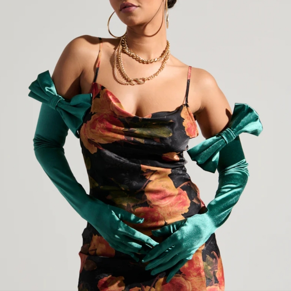 Teal Satin Gloves